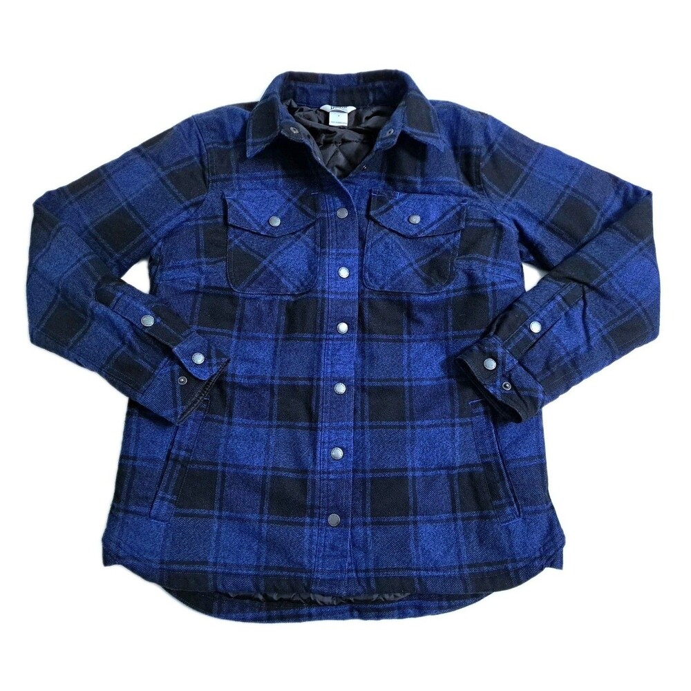 Duluth Trading Womens Small Folklore Flannel Shirt Shacket Blue Black Lined